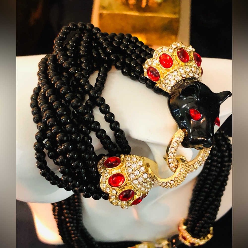 Black and Gold Cabochon Beaded Necklace and Matching Bracelet with Ruby Accents